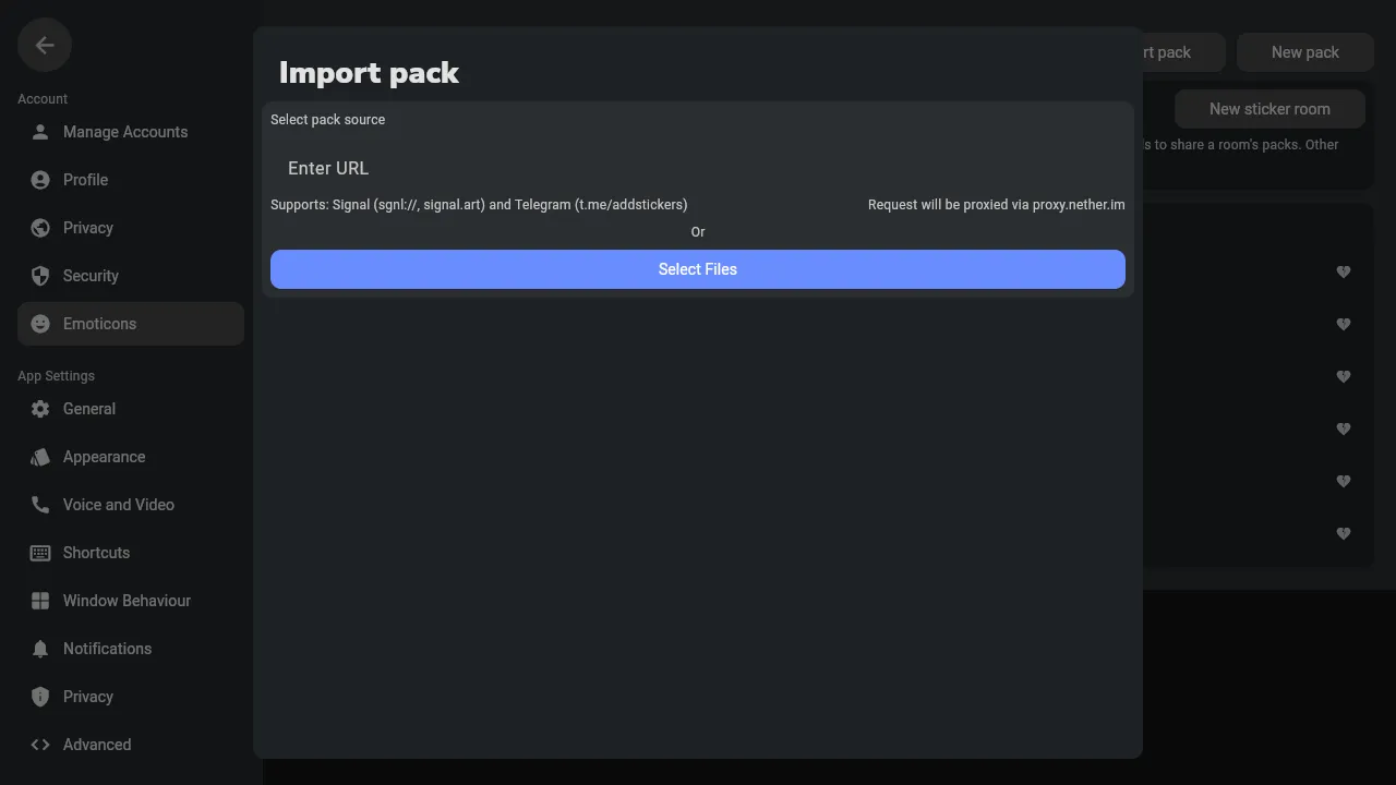 Open Settings › Emoticons › Import pack