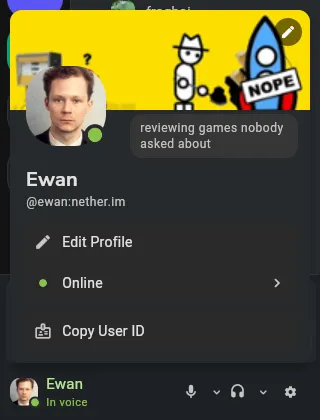 The quick profile menu with status and presence
